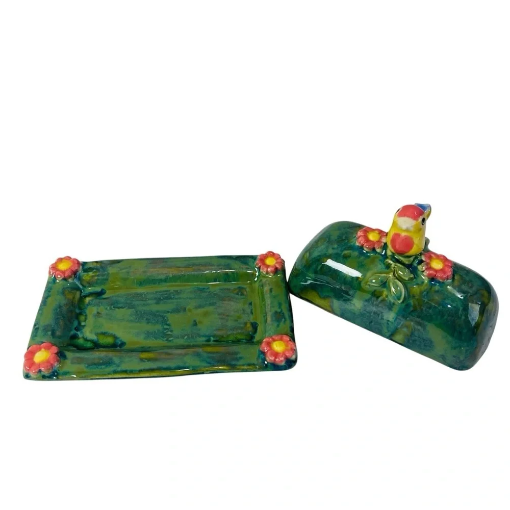 Handmade Ceramic Butter Dish W/ Whimsical Bird And Flower Motif Lid Signed